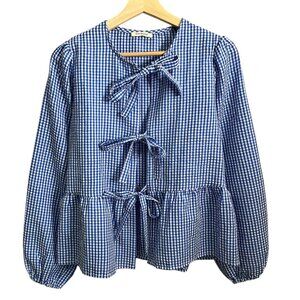 Gingham Tie Front Puff Sleeve Blouse Blue Size Small Cottagecore European Summer